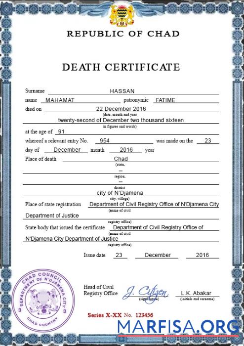 Printable Chad vital record death certificate PSD template